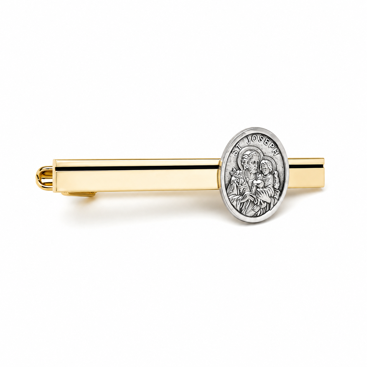 A gold and silver tie bar featuring a polished oval Saint Joseph medallion on a clean white background.