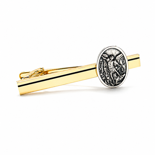 Handmade Saint Michael Gold Tie Clip with Authentic Italian Medal for Men's Formal Wear