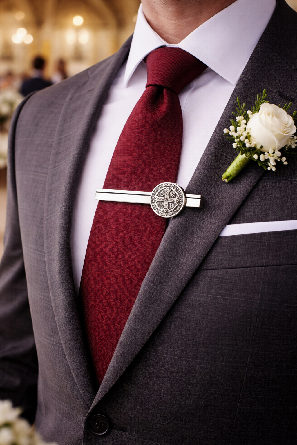 Gray suit with red tie and white flower boutonniere, blurred indoor background silver tie clip