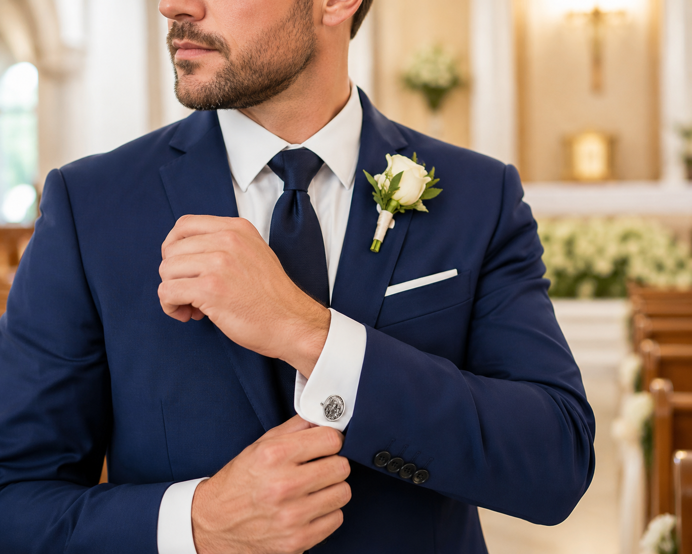 A man in a navy blue suit, white dress shirt, and matching navy tie adjusts his cuff while wearing a white rose boutonniere in a church setting. St. Joseph Cufflinks 