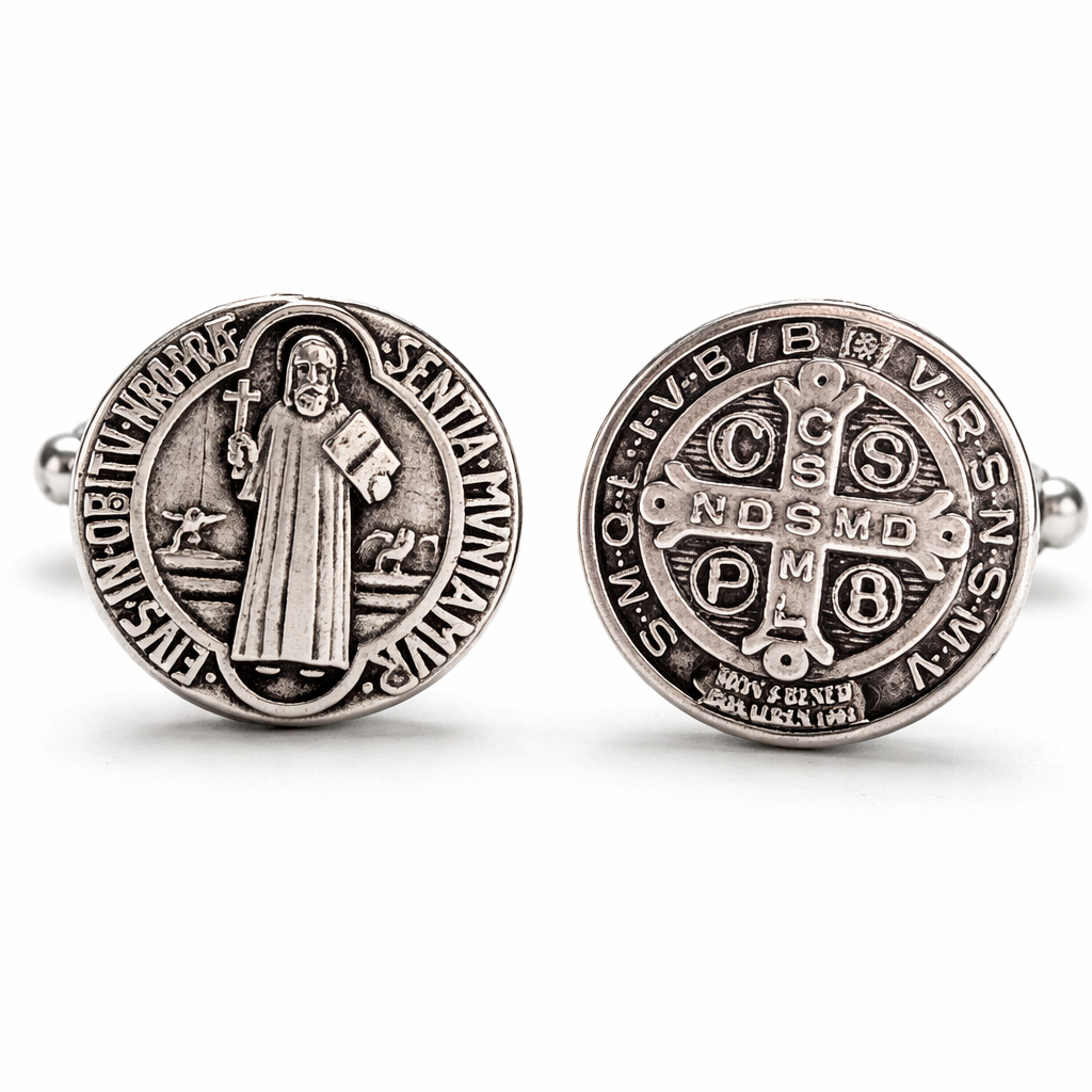 Two silver Saint Benedict medallions on a white background
