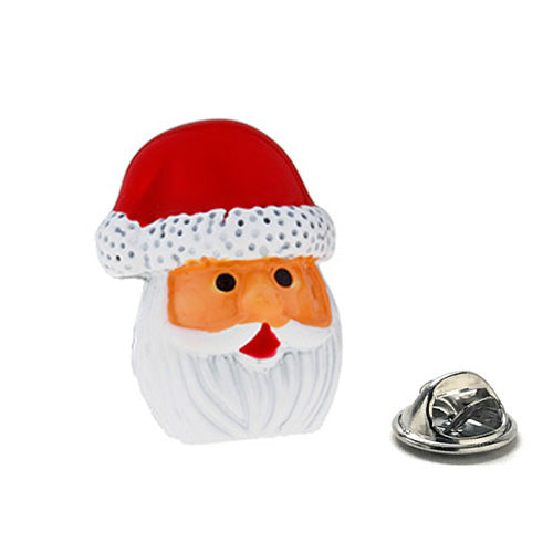 Santa Claus lapel pin with a red hat and white beard on a white background
