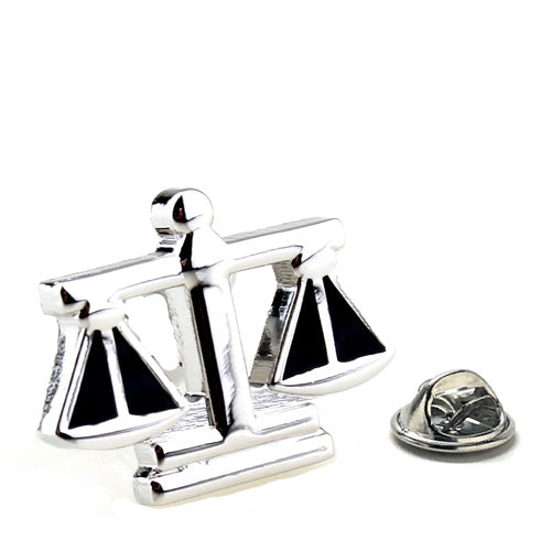JayPins Silver and Black Scales of Justice Lapel Pin – elegant law symbol pin with black enamel, representing fairness, balance, and integrity, ideal for lawyers, judges, and legal professionals.