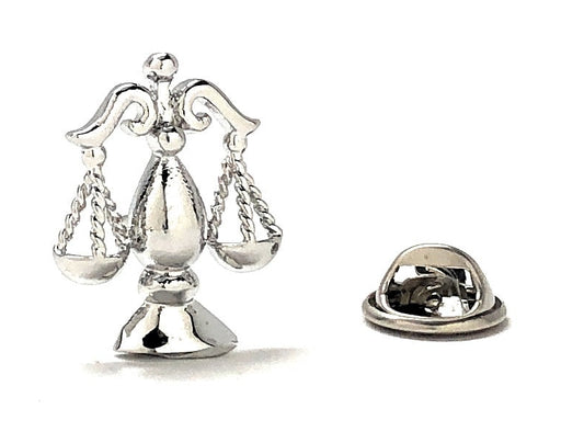 JayPins Silver Scales of Justice Lapel Pin – polished silver law symbol pin representing fairness, integrity, and balance, perfect for lawyers, judges, and legal professionals.