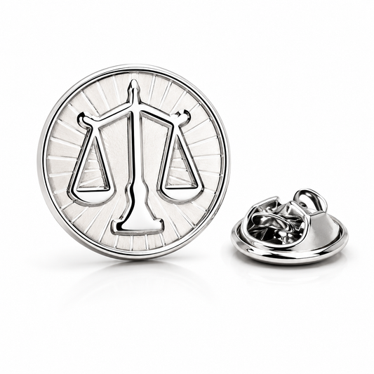 Silver Scales of Justice Lapel Pin with butterfly clutch backing for lawyers, attorneys, judges, law students, and legal professionals.