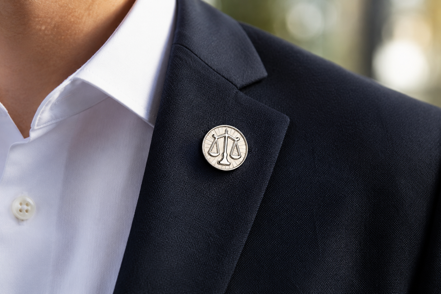 Black blazer with a lapel pin featuring the scales of justice on a blurred background