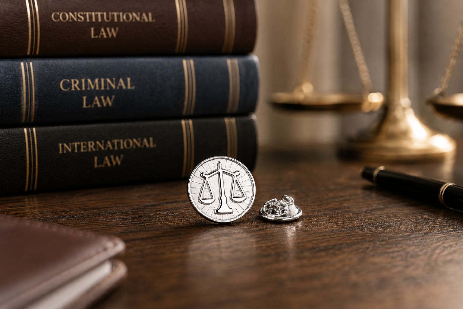 Law books titled 'Constitutional Law', 'Criminal Law', and 'International Law' with a scale of justice and pen on a wooden surface.