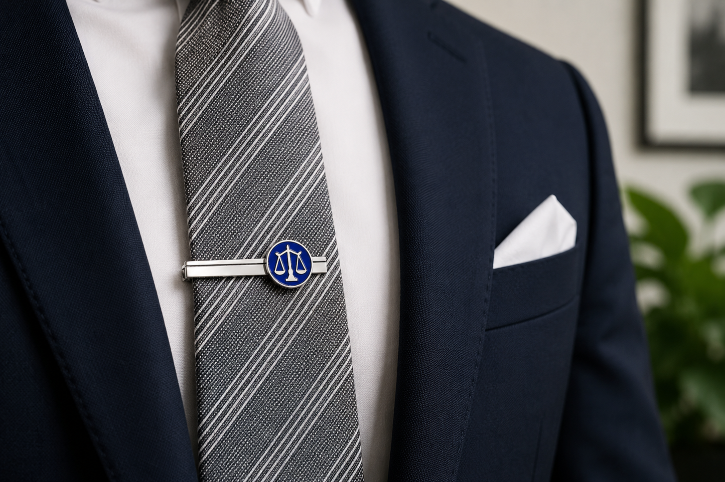Man wearing a navy suit with a gray striped tie and a blue tie clip.