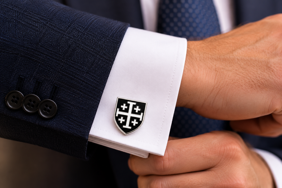Jerusalem Cross Shield Cufflinks Black and White Enamel blue suit 