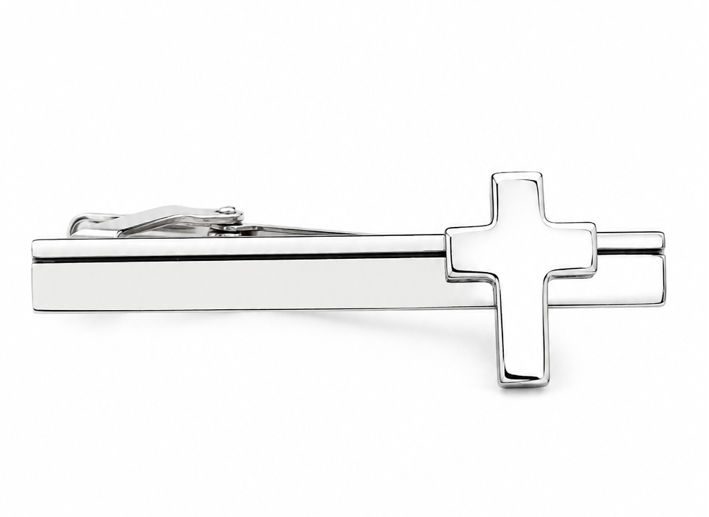 Silver Classic Cross Tie Clip isolated on a clean white background with polished silver finish and minimalist Christian cross design