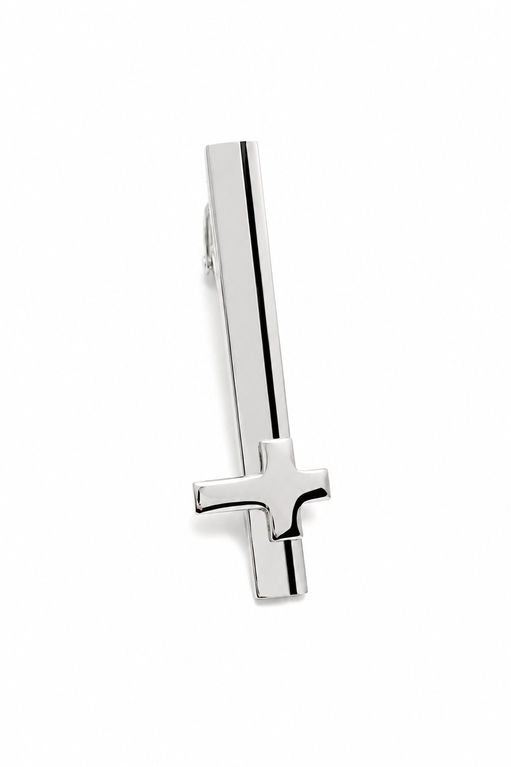 Elegant silver cross tie bar for men displayed on white background for formalwear and church attire