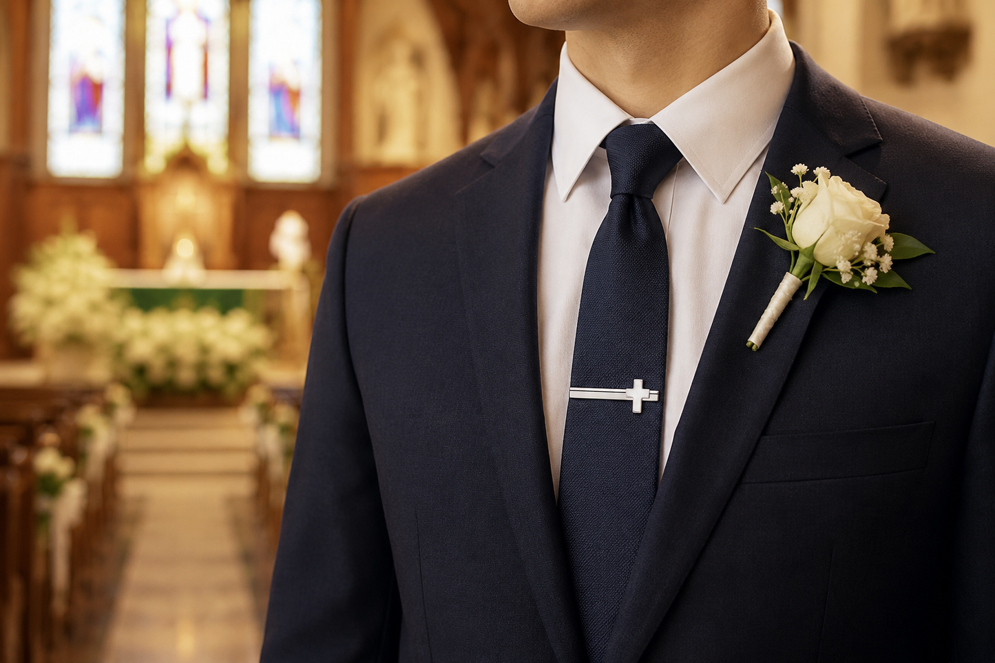 Man in a suit with a white flower boutonniere in a church setting silver cross tie clip