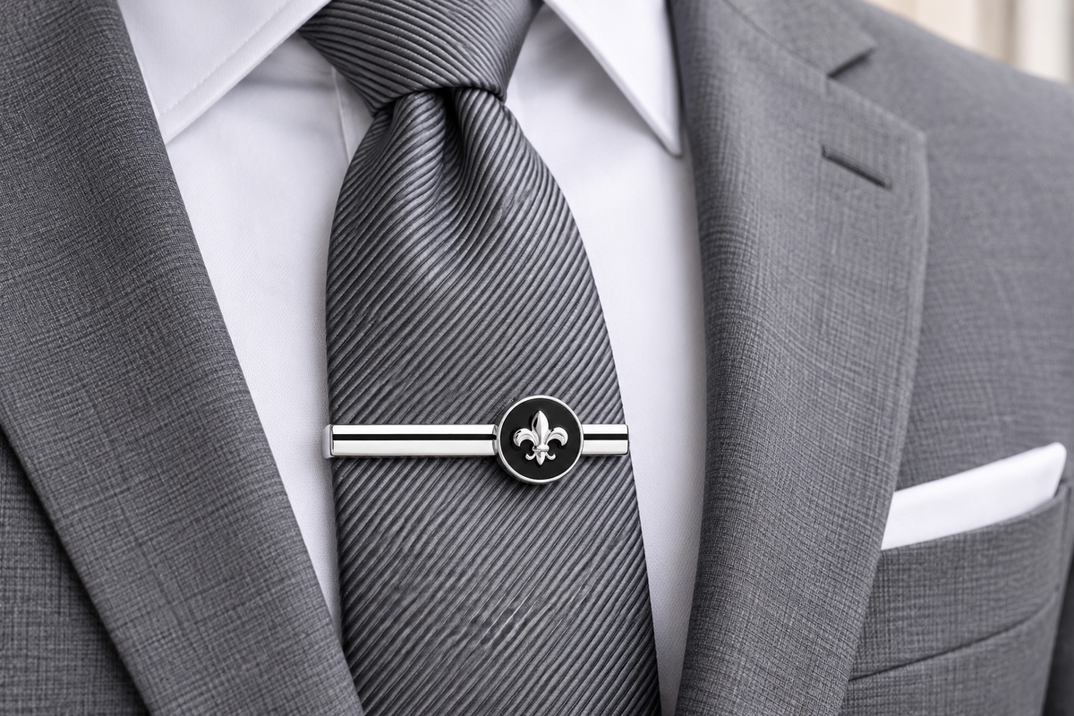 Silver Fleur-de-Lis Tie Clip gray suit 