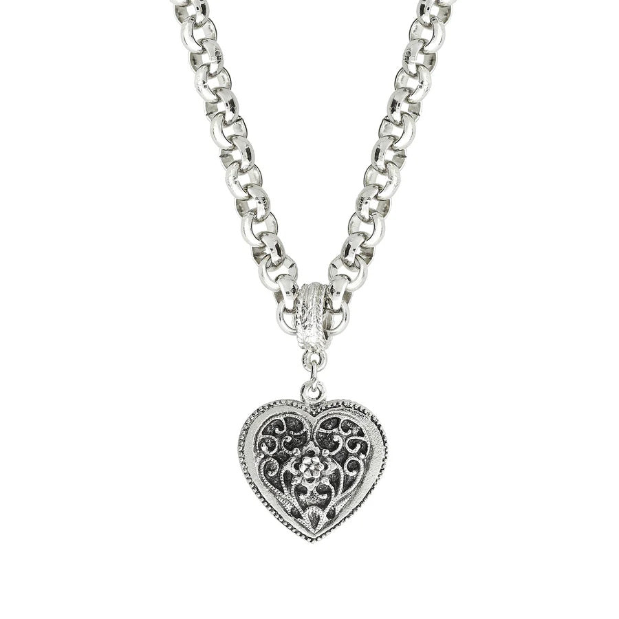 Women's Necklace Silver Filigree Flower Heart Pendant Necklace 16" + 3" Extender