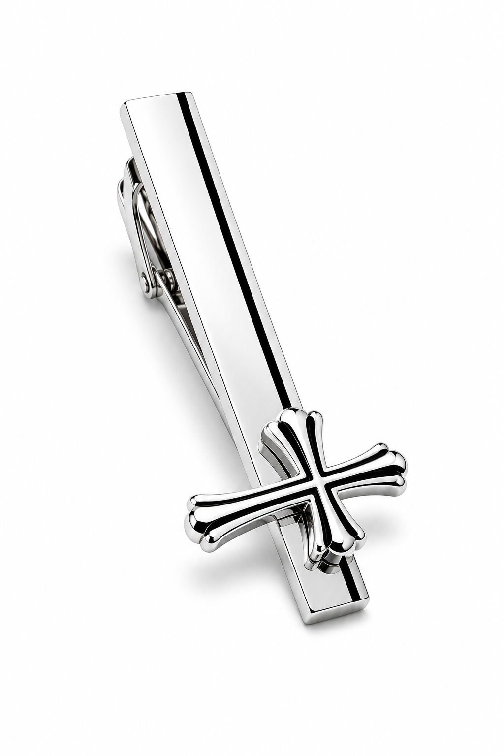 Silver tie clip with cross design on a white background