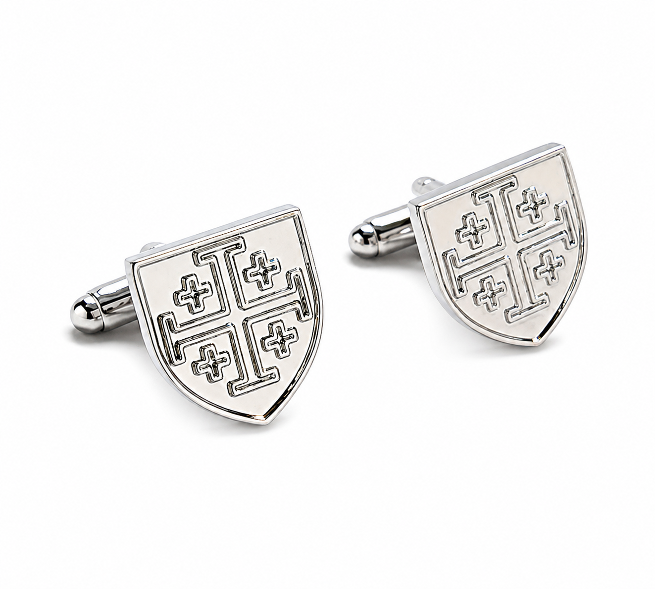 Silver Jerusalem cross cufflinks shield design men’s formal cuff links on white background