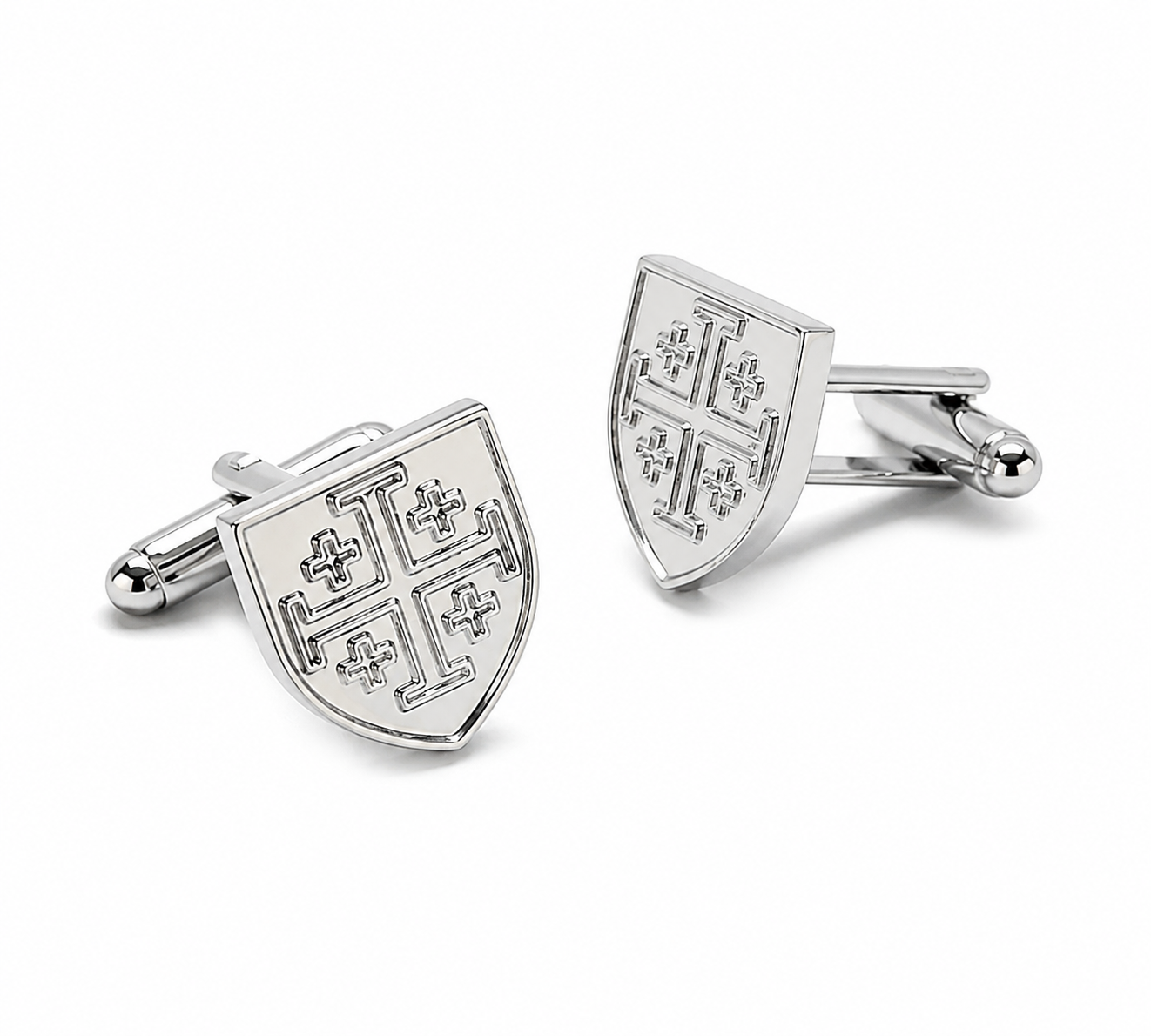 Silver Jerusalem cross cufflinks shield design men’s formal cuff links on white background