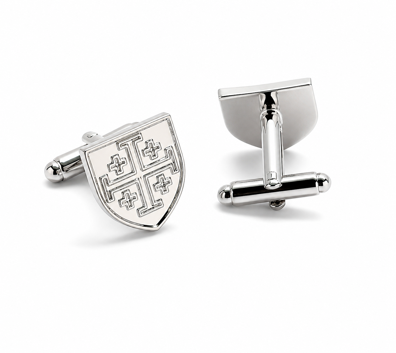 Silver Jerusalem cross cufflinks shield design men’s formal cuff links on white background