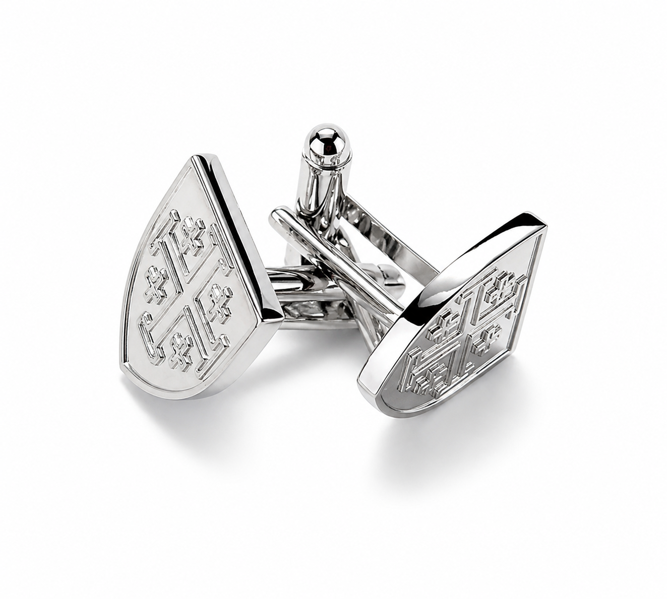 Silver Jerusalem cross cufflinks shield design men’s formal cuff links on white background