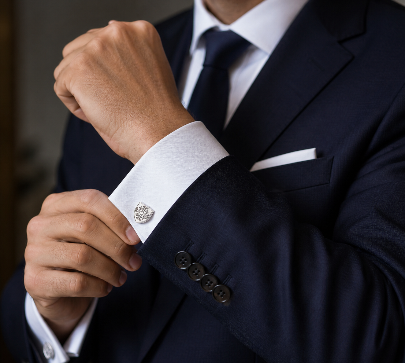 Silver Jerusalem cross cufflinks shield design men’s formal cuff links on white background suit