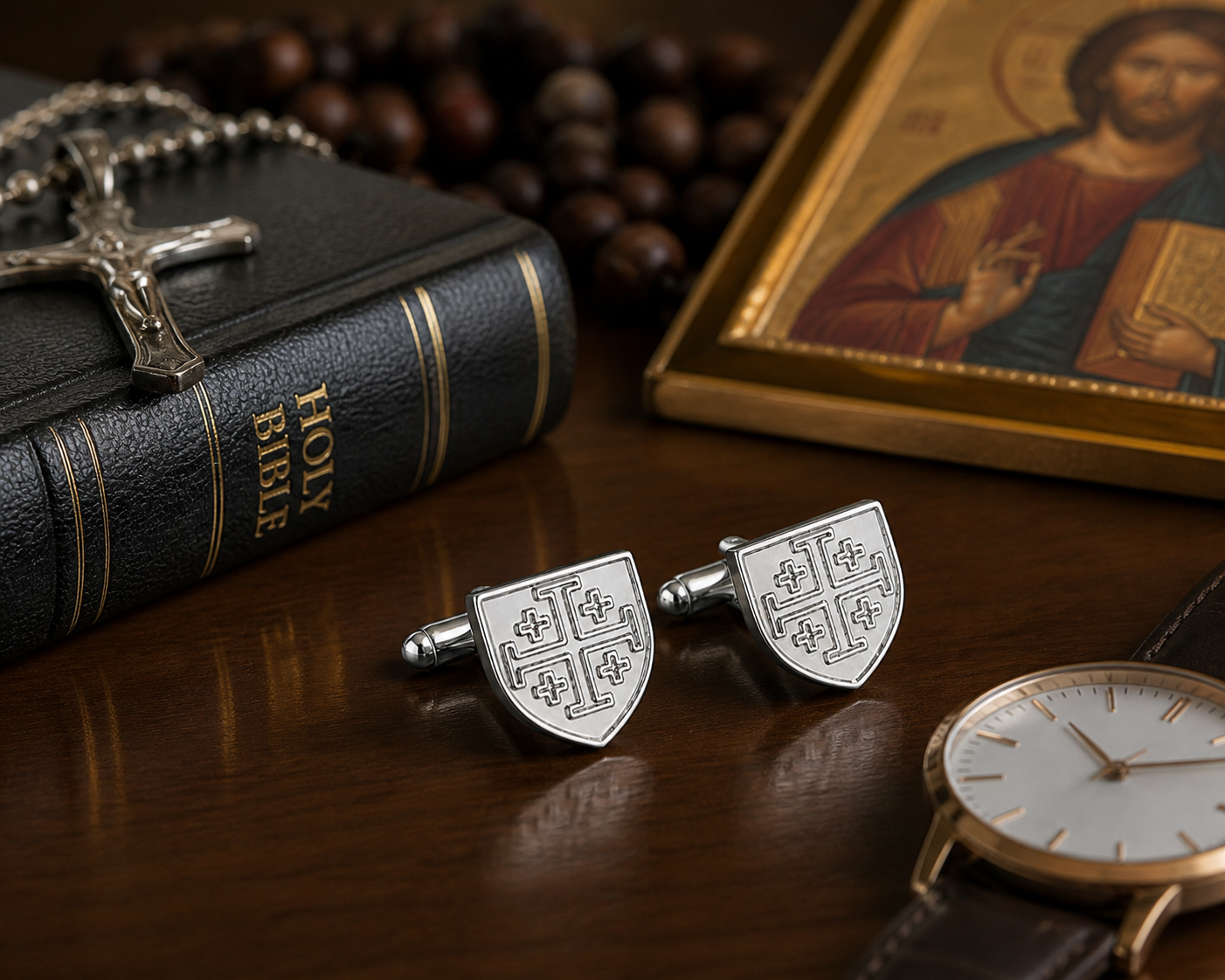 Silver Jerusalem cross cufflinks shield design men’s formal cuff links on white background nightstand 