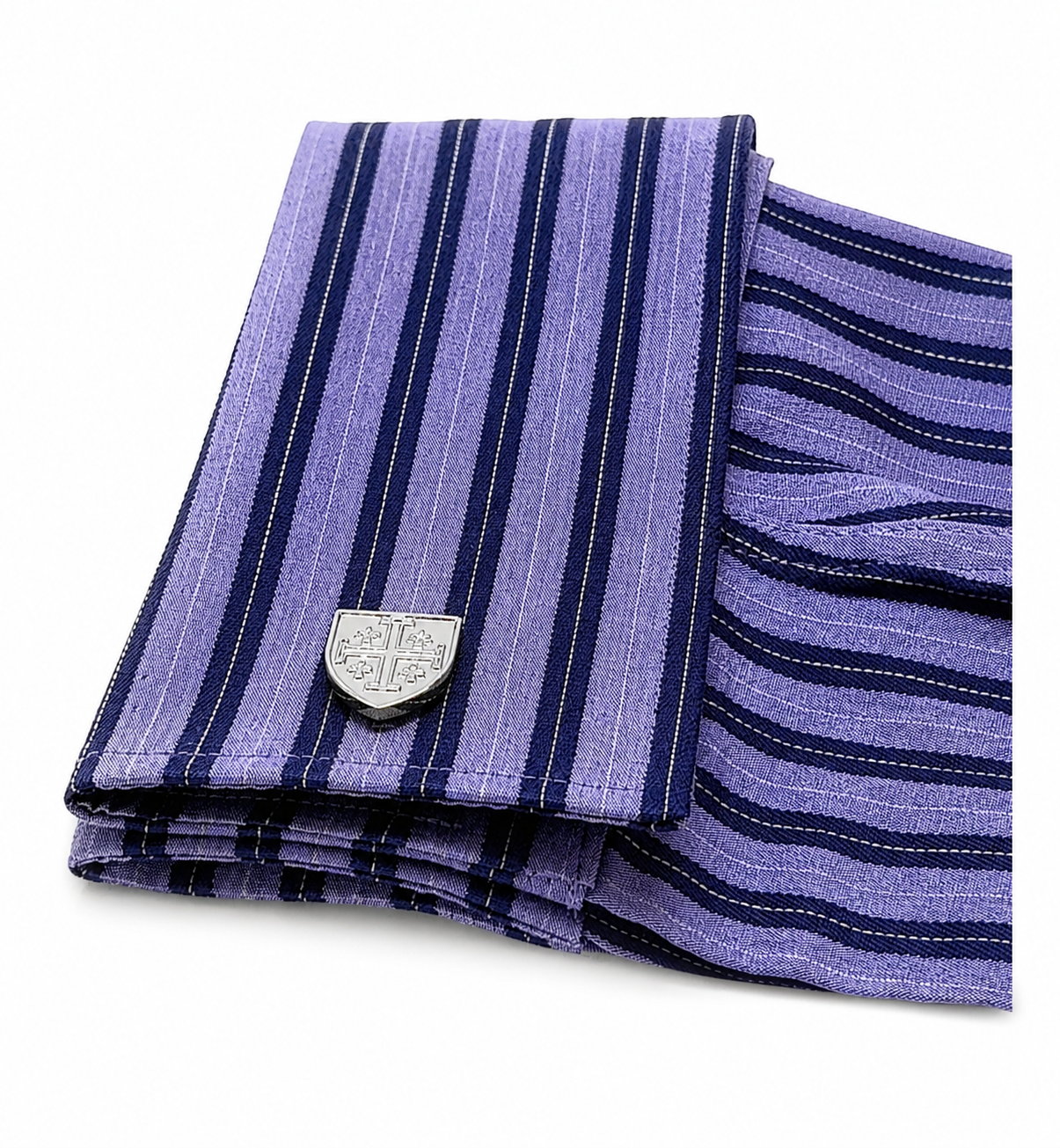 Silver Jerusalem cross cufflinks shield design men’s formal cuff links on white background purple shirt
