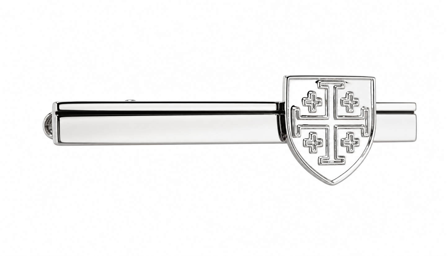 Jerusalem cross tie clip silver Christian mens tie bar close up