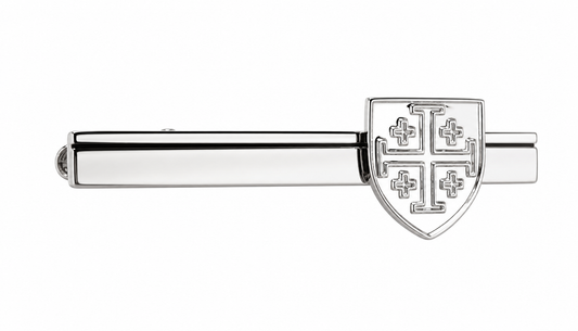 Jerusalem cross tie clip silver Christian mens tie bar close up