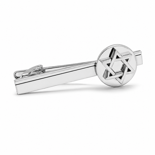 Silver tie clip with Star of David design on a white background