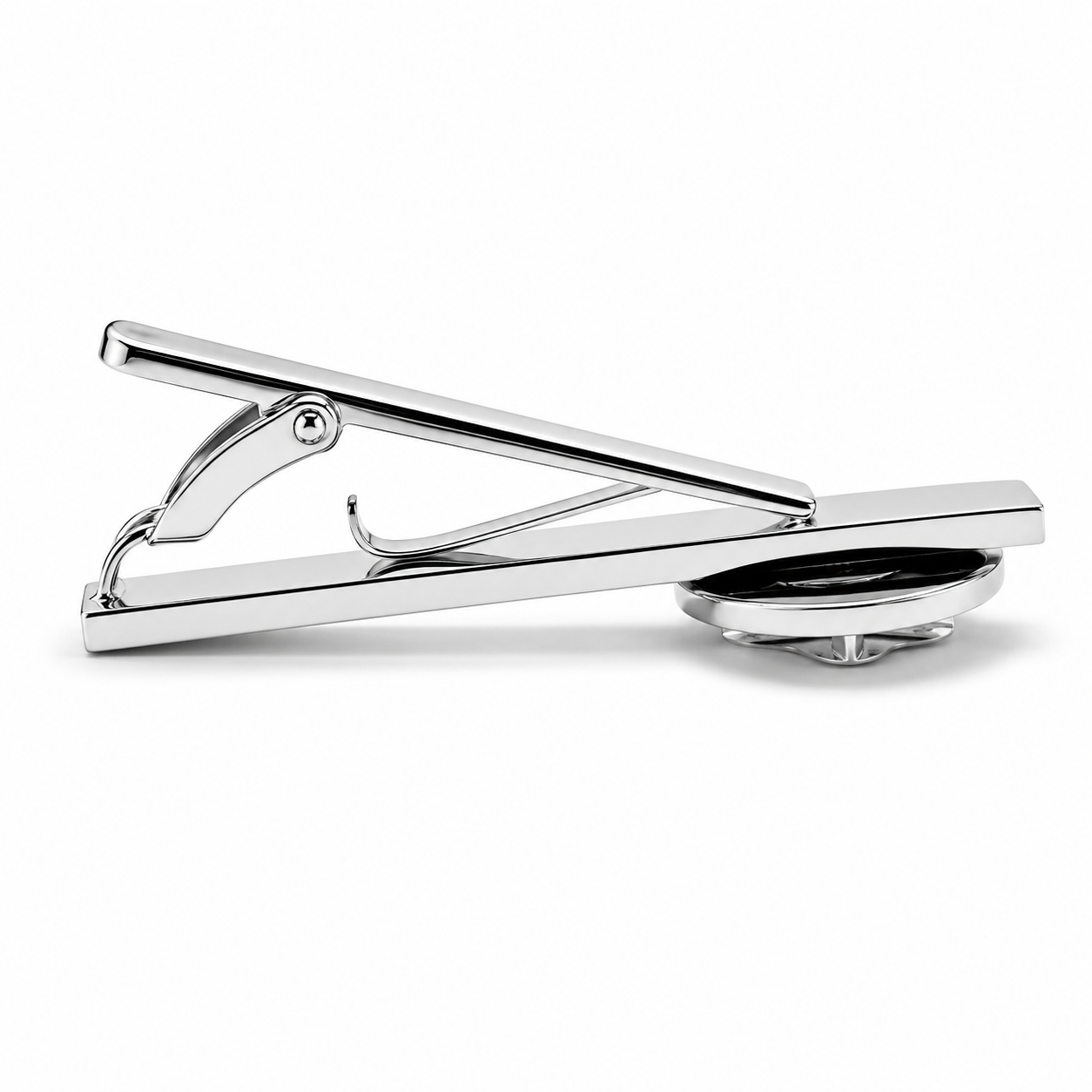 Silver tie clip on a white background