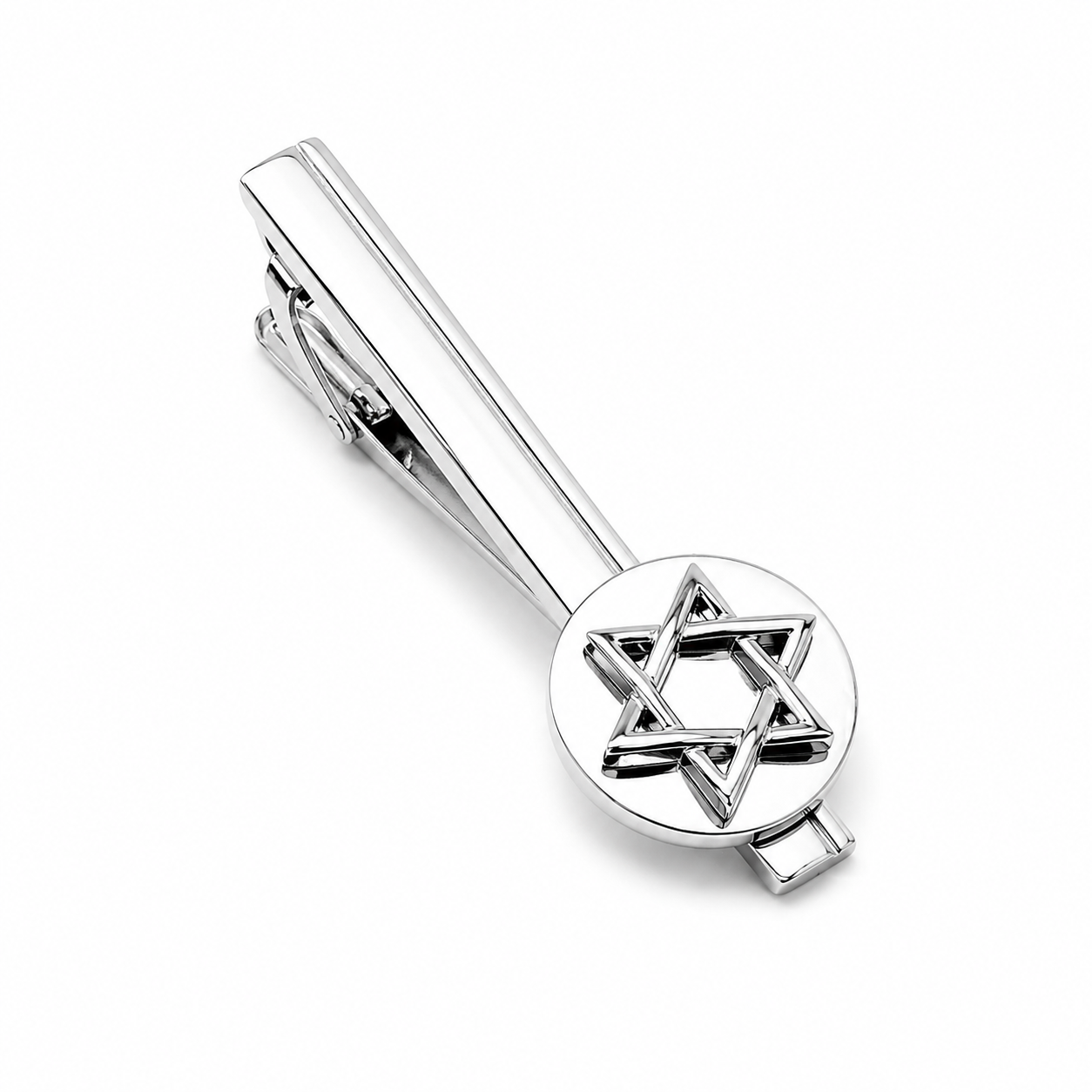 Silver tie clip with Star of David design on a white background