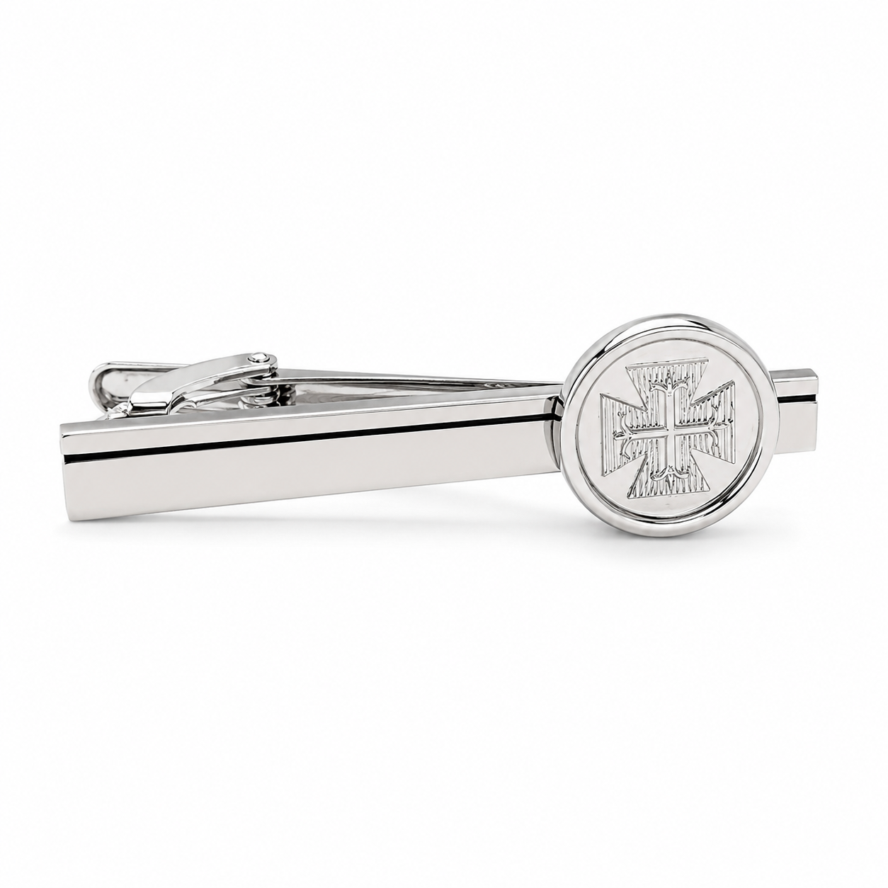 Silver Templar Cross tie clip for men with engraved medieval Christian cross emblem and polished silver finish isolated on white background