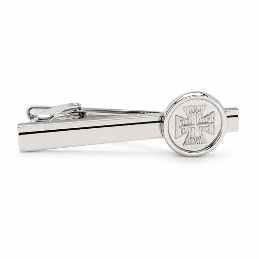Silver Templar Cross tie clip for men with engraved medieval Christian cross emblem and polished silver finish isolated on white background