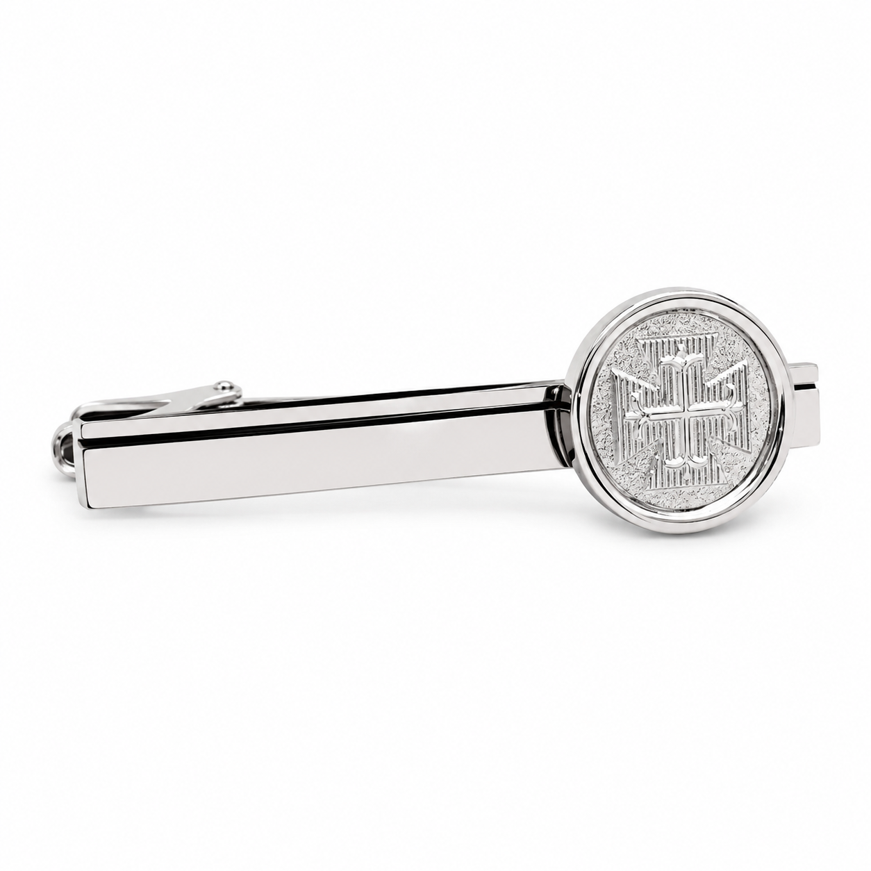 Silver Templar Cross tie clip for men with engraved medieval Christian cross emblem and polished silver finish isolated on white background