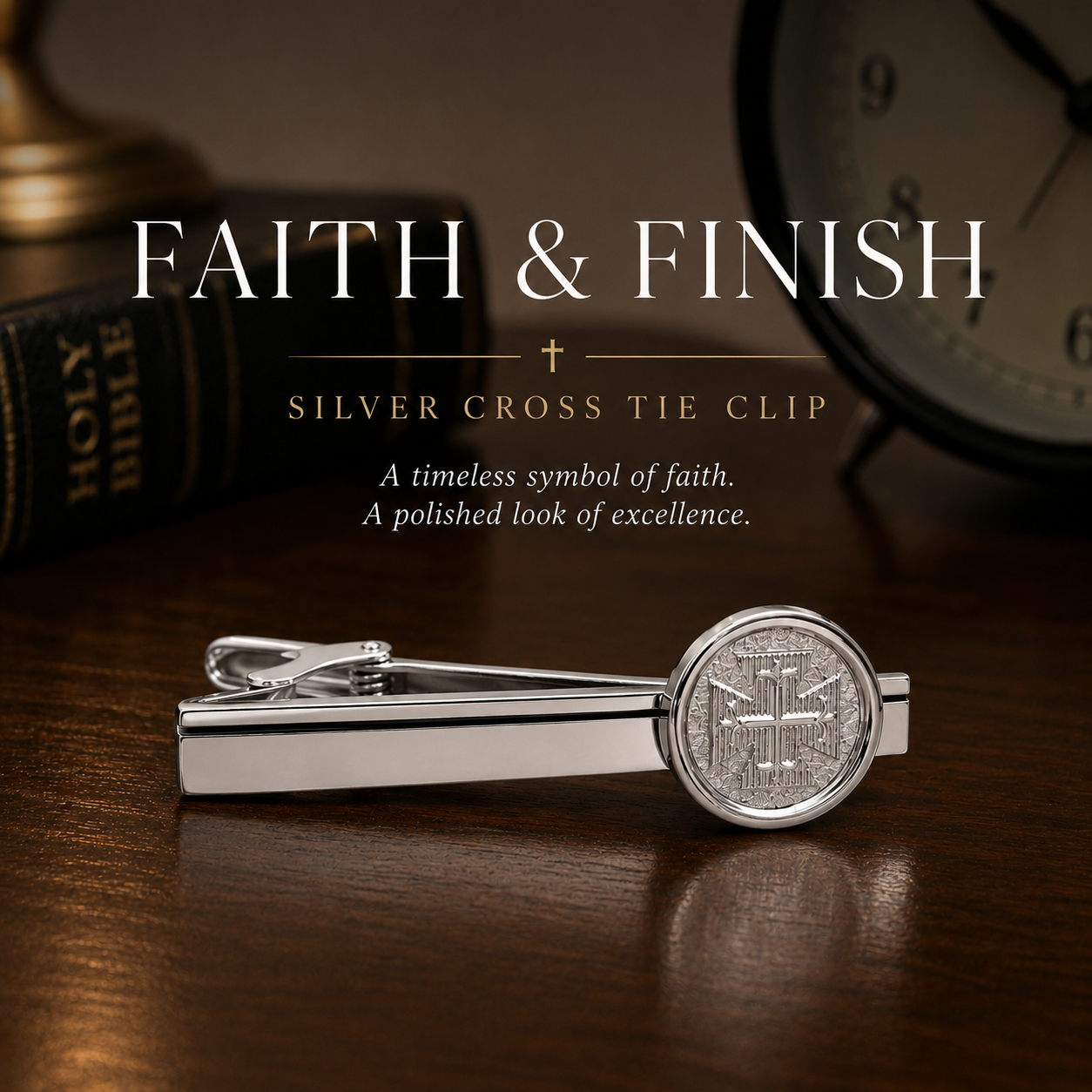 Silver Templar Cross tie clip for men with engraved medieval Christian cross emblem and polished silver finish isolated on white background