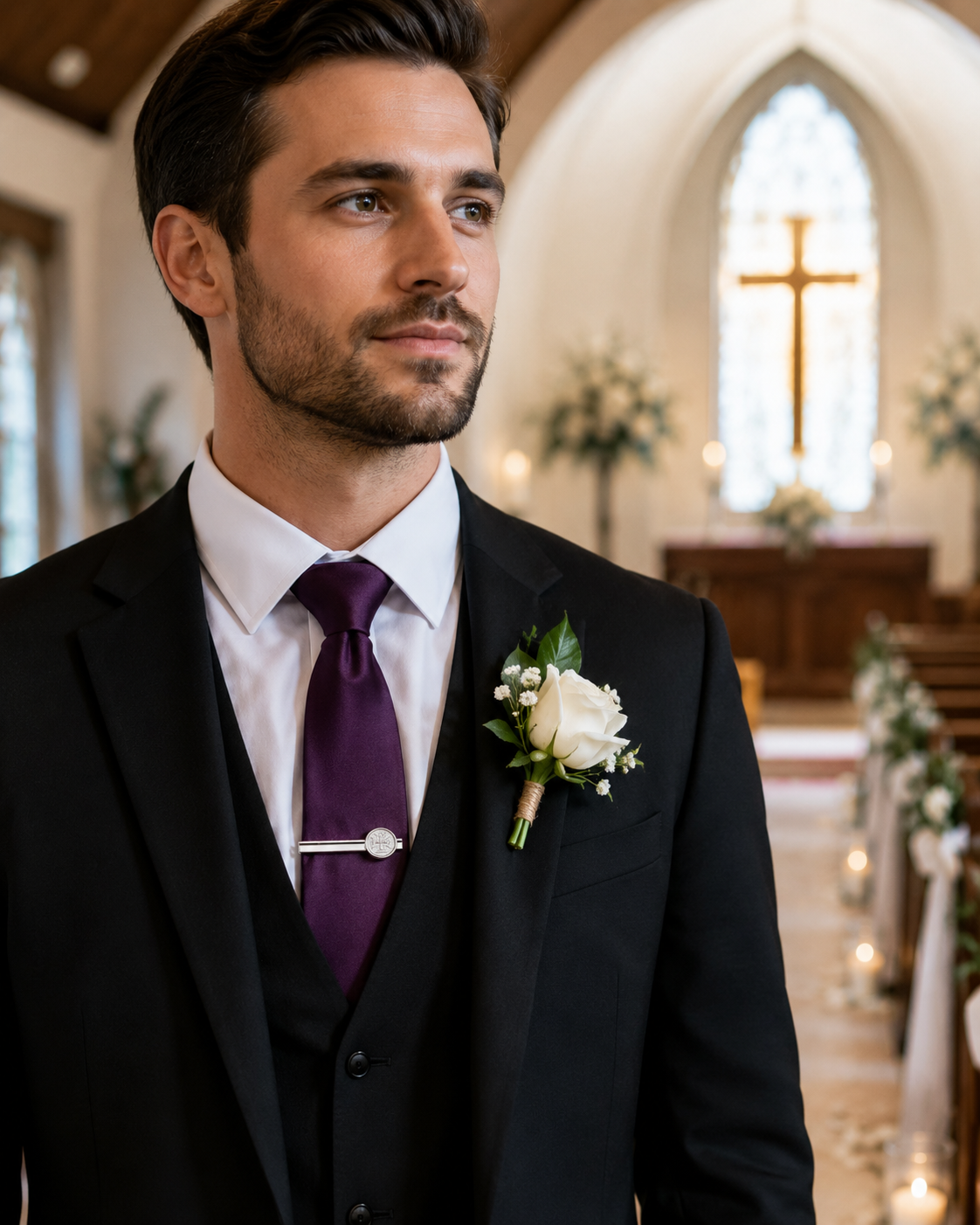 Man in a black suit with a purple tie and white flower boutonniere in a church setting. Silver tie clip