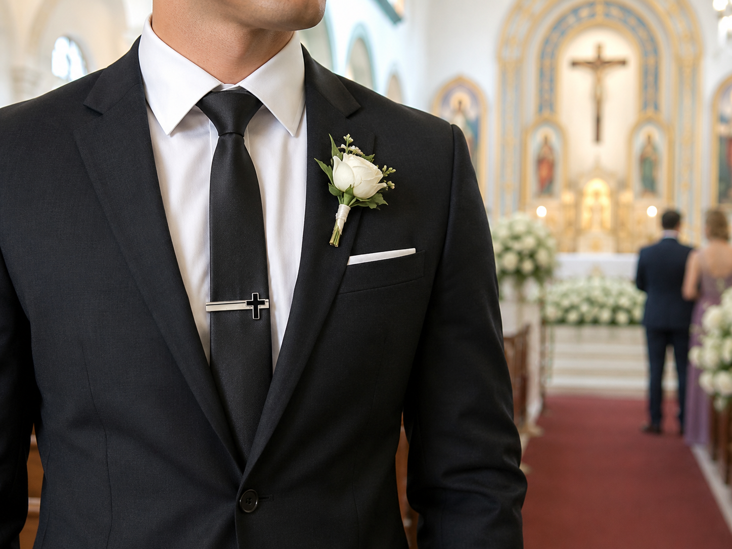 Man in a black suit with a white shirt and tie, standing in a church. Sliver Tie Clip Black Cross