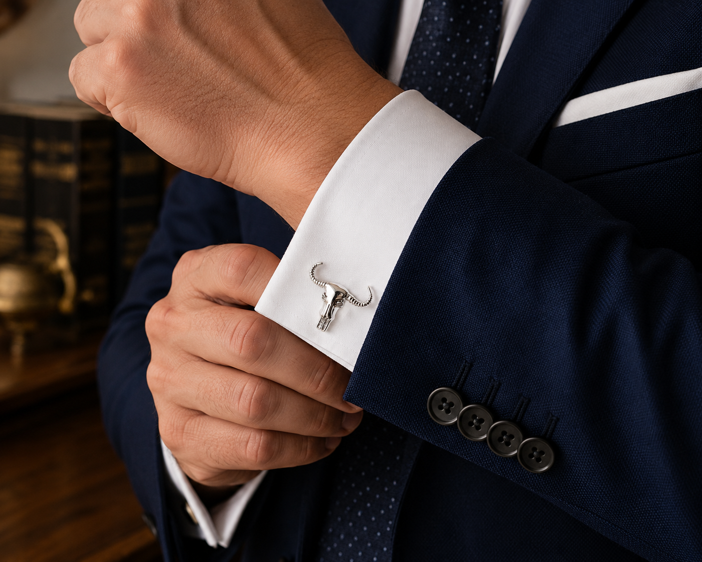 Person adjusting cufflink on a suit with a blurred background