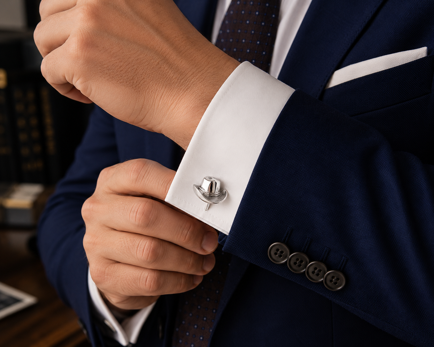Person adjusting a cufflink on a suit with a blurred background