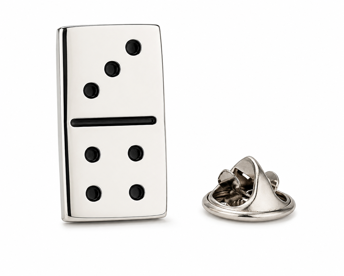 Metallic domino-shaped lapel pin on a white background