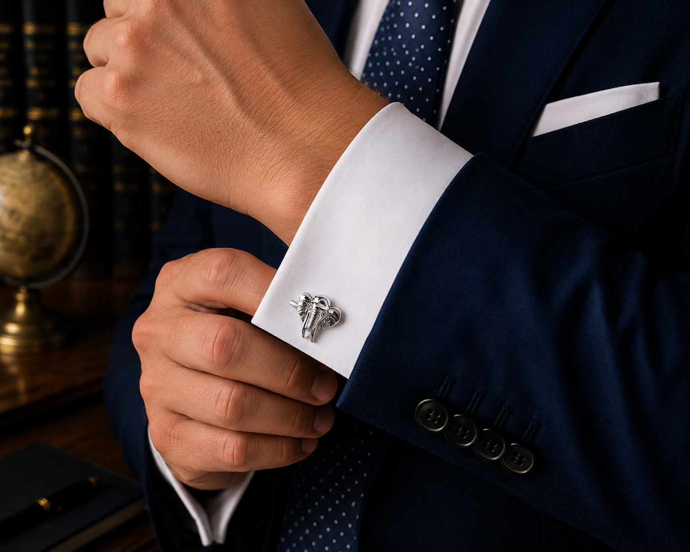 Silver Elephant Head Cufflinks – Unique Wildlife Animal Cufflinks for Men, Safari Gift, Nature-Inspired Jewelry
