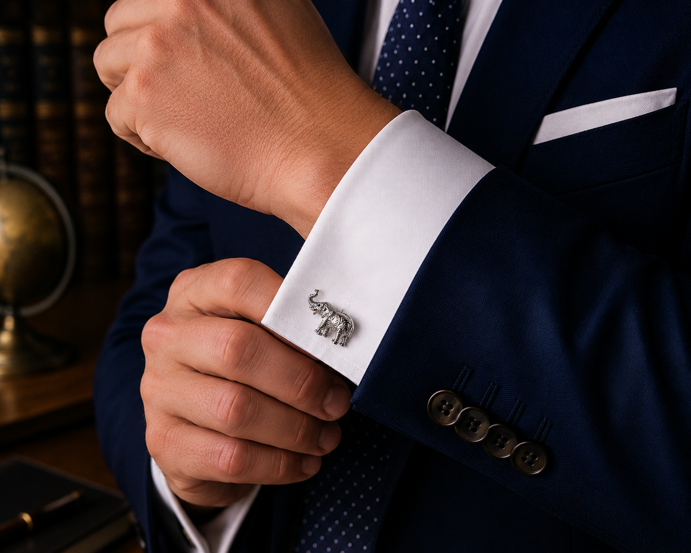 Close-up of a person wearing a suit with a cufflink featuring an elephant design.