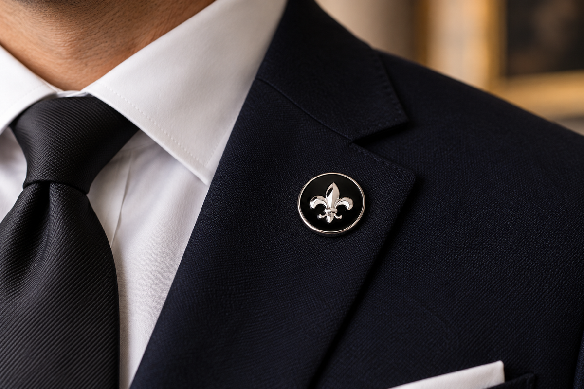 Men's Fleur de Lis lapel pin worn on a formal suit jacket