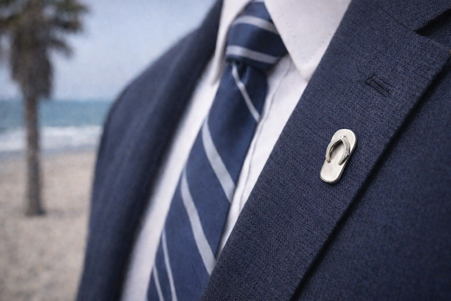 Navy blazer with a silver Silver Flip-Flop Lapel Pin and striped tie on a blurred beach background