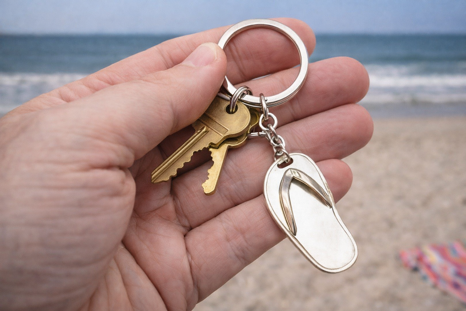 Hand holding keys with a flip-flop keychain on a beach