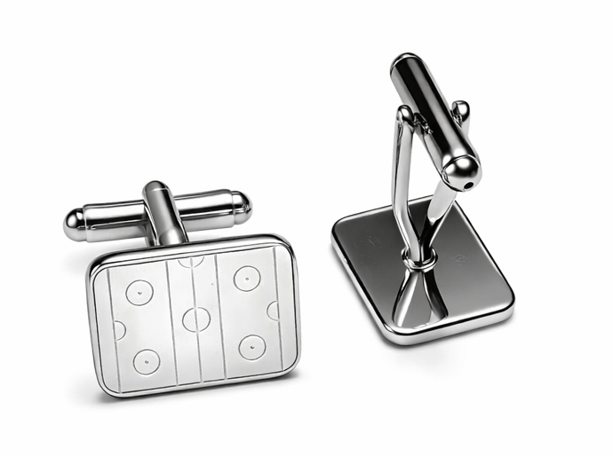 Hockey rink cufflinks close-up silver engraved design