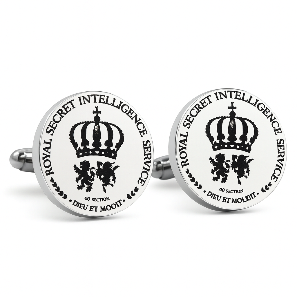 James Bond Cufflinks with Royal Secret Intelligence Service design on a white background
