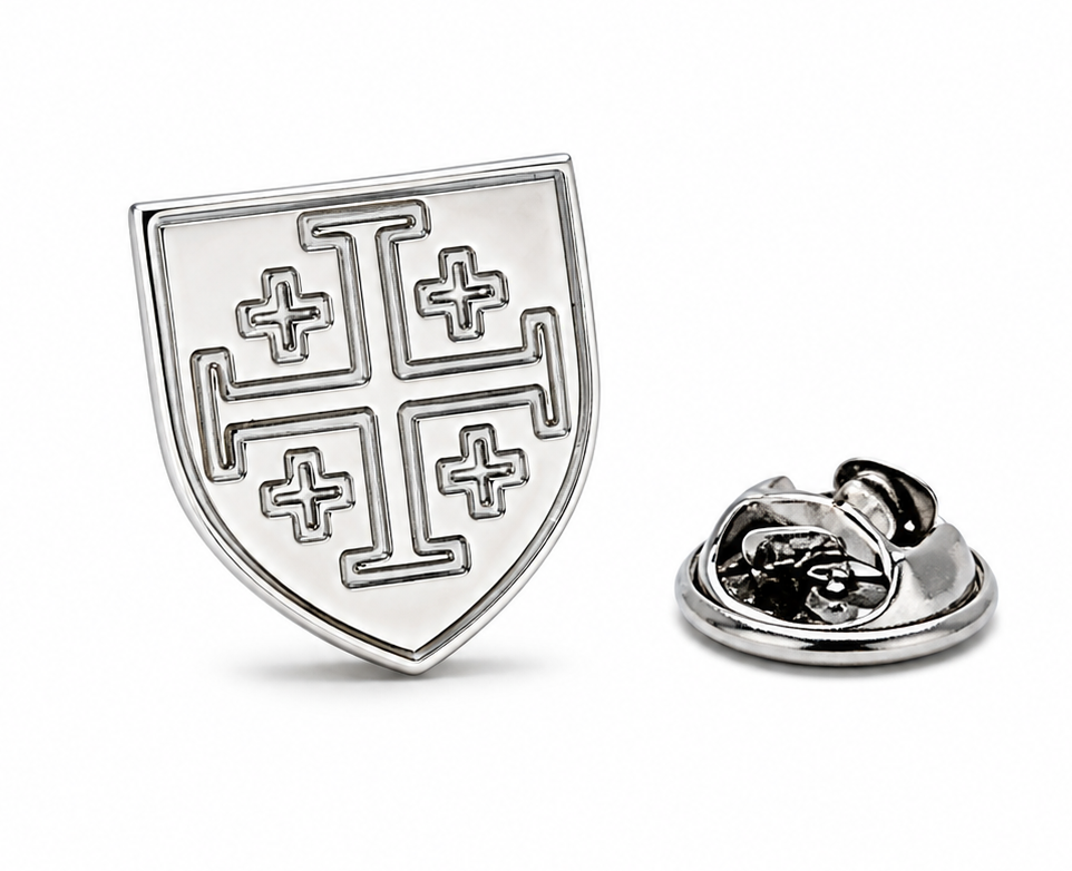 Silver Jerusalem Cross lapel pin with butterfly clutch backing on white background