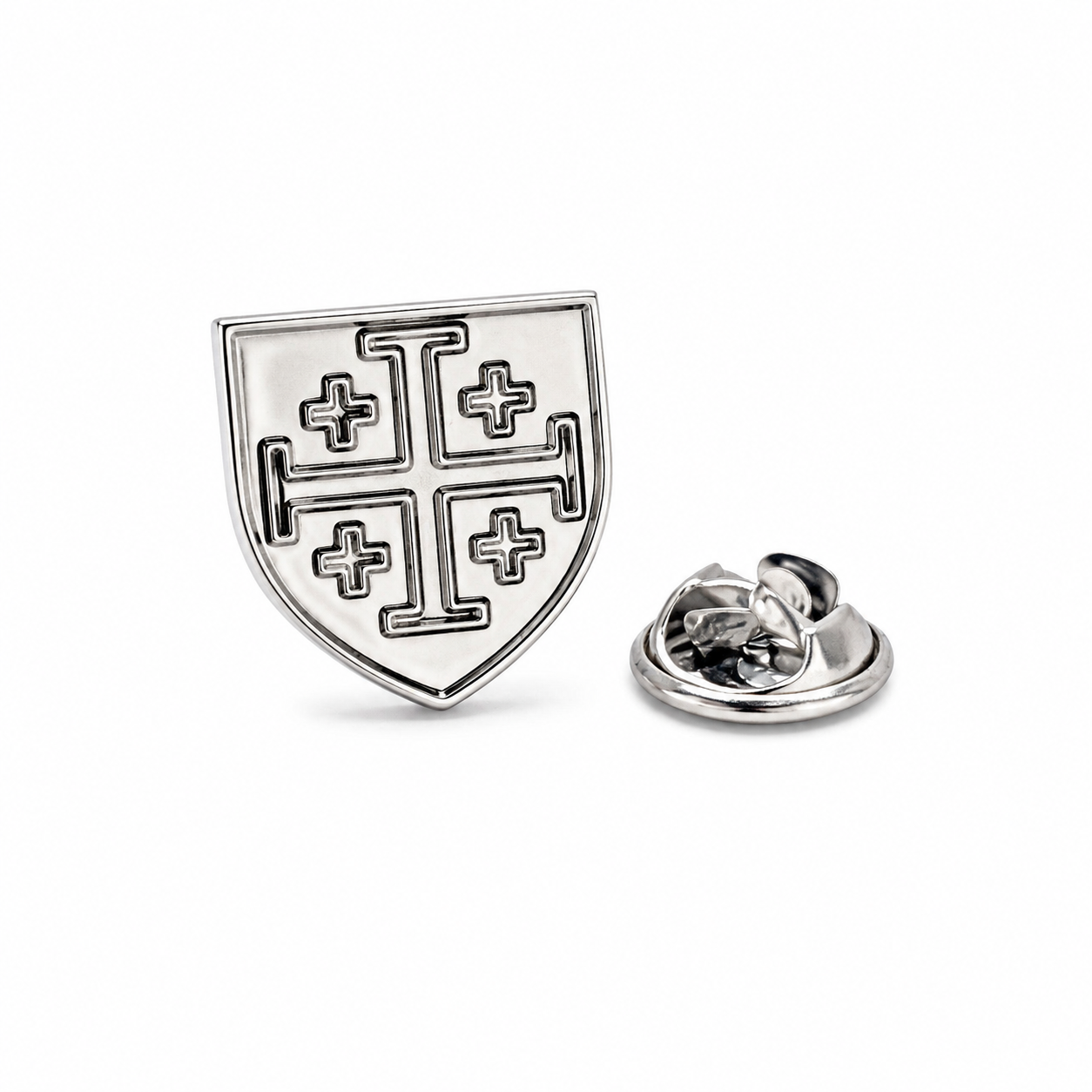 Silver Jerusalem Cross lapel pin with butterfly clutch backing on white background