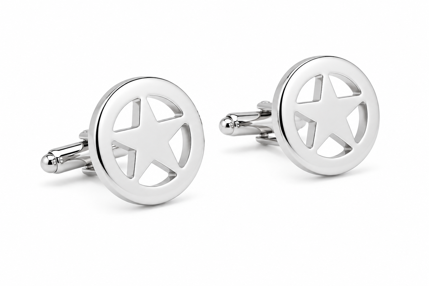 Silver star-shaped cufflinks on a white background